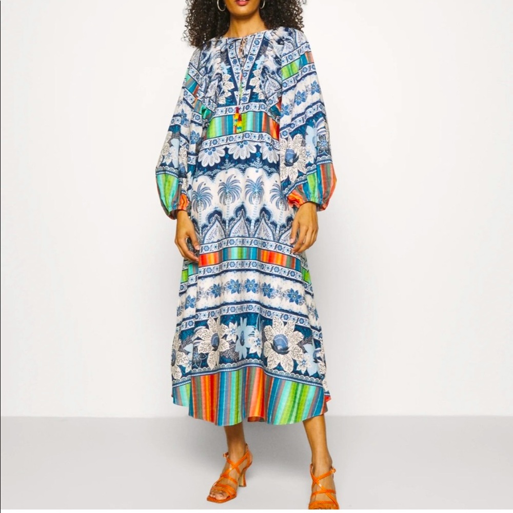 🎄 FARM Rio Blue Palms midi Dress